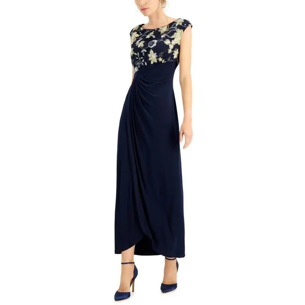 Connected Apparel Womens Navy Embroidered Maxi Evening Dress Gown NWT